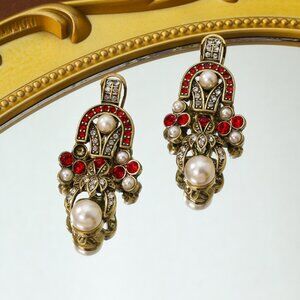 ✨ Artisan Original Design Vintage Glam Red Rhinestone & Pearl Drop Earrings
